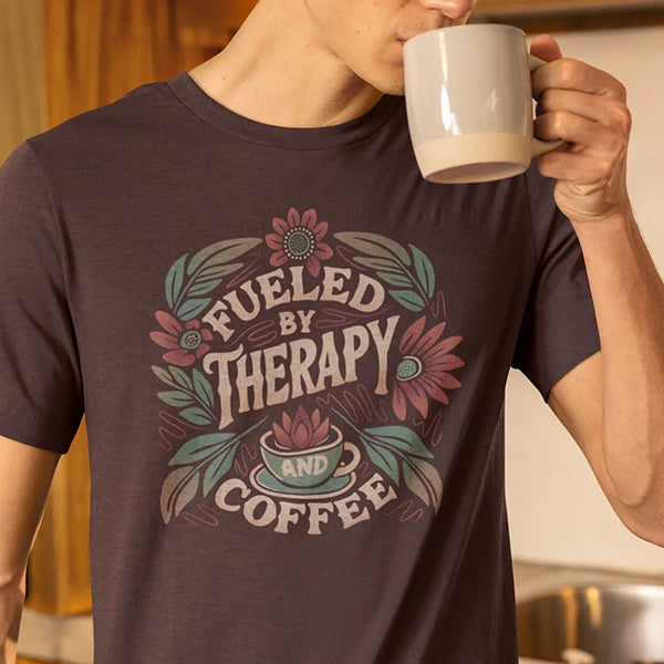Plum self-care affirmation tee reading ‘Fueled by Therapy & Coffee’ modeled with coffee mug as therapy gift tee