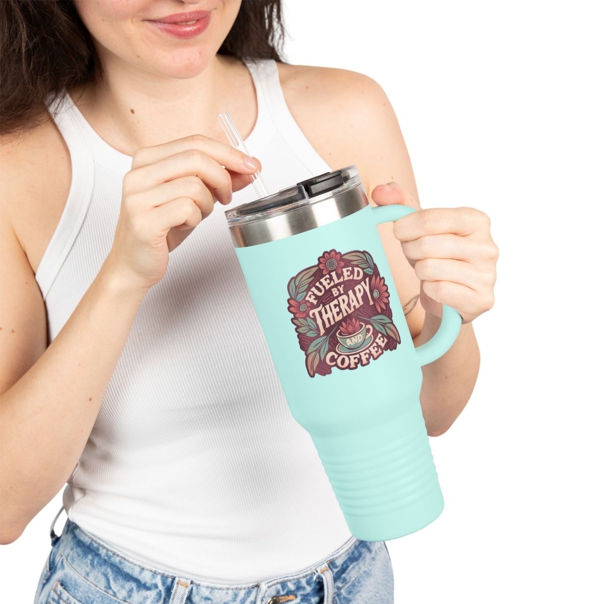 Fueled by Therapy and Coffee Insulated Travel Mug, 40 oz - Self-Care Shirts for mental health