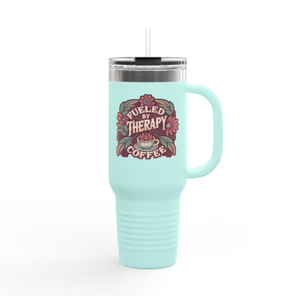 Fueled by Therapy and Coffee Insulated Travel Mug, 40 oz - Self-Care Shirts for mental health