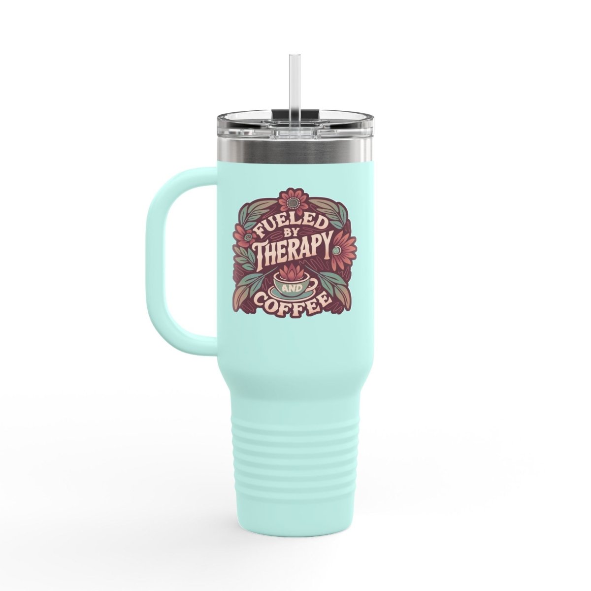 Fueled by Therapy and Coffee Insulated Travel Mug, 40 oz - Self-Care Shirts for mental health