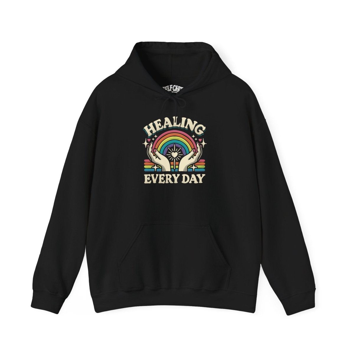Healing Every Day mental health hoodie with rainbow and hands illustration - Self-Care Shirts