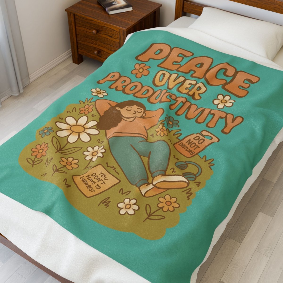 Peace Over Productivity Velveteen Plush Blanket - Self-Care Shirts for mental health