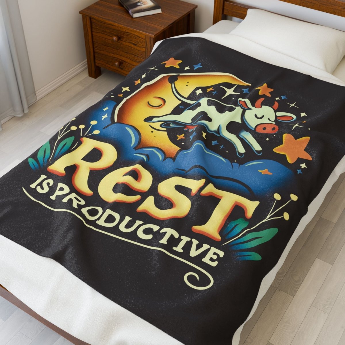 Rest Is Productive Cow Plush Blanket - Self-Care Shirts for mental health