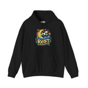 Rest Is Productive mental health hoodie with cow and moon illustration - Self-Care Shirts
