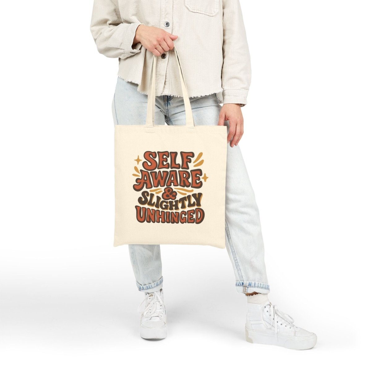 Self Aware & Slightly Unhinged Cotton Canvas Tote Bag - Self-Care Shirts for mental health